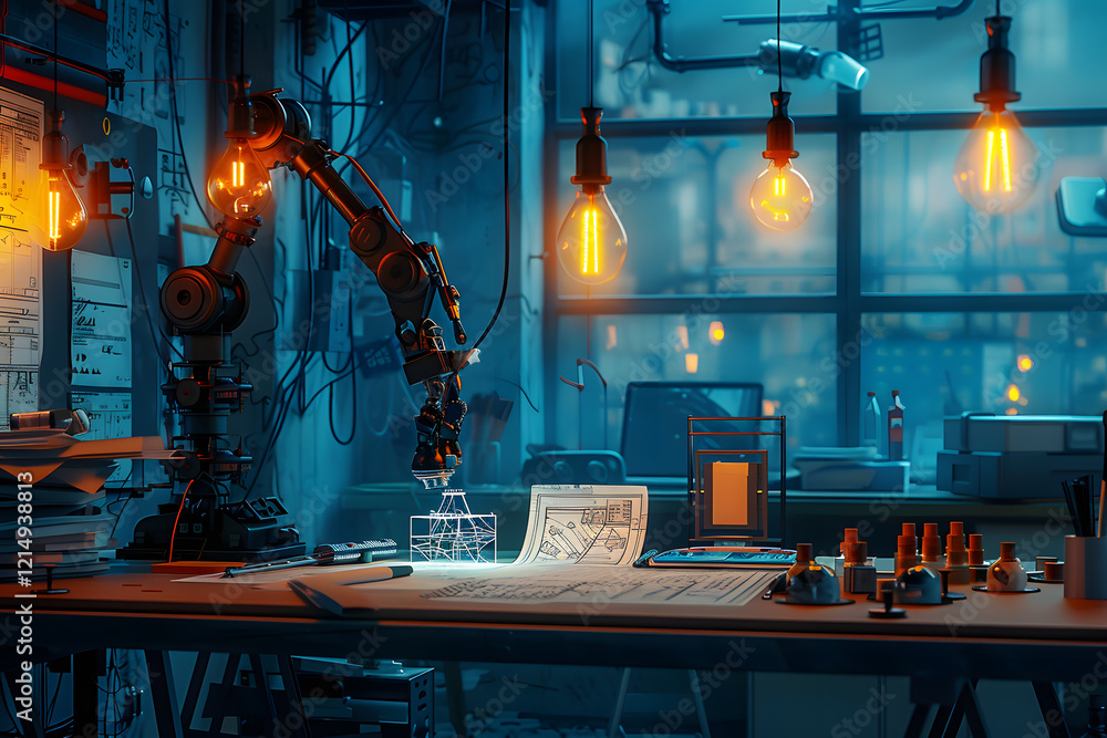 Poster Futuristic robot arm in high-tech engineering lab