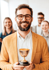A man in a yellow jacket is holding a trophy