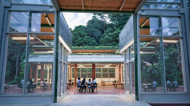 Design an eco-friendly educational facility in the heart of a rainforest, ensuring minimal environmental impact and maximal connection to nature