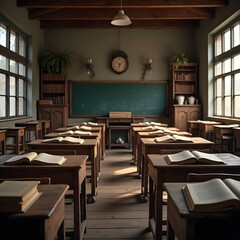 Educational Nostalgia Vintage Classroom with Antique Books and Wooden Desks