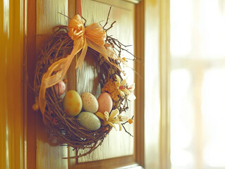 Easter wreath hanging on a rustic wooden wall. Decorated with pastel-colored eggs, leaves, flowers and ribbon. Easter postcard. Horizontal shot