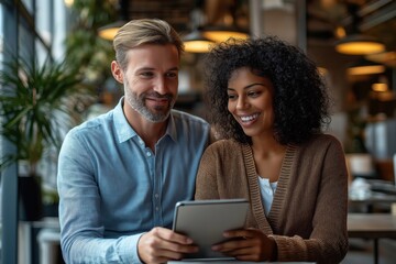 Two business people are smiling and looking at a tablet in a modern corporate office. They seem happy and engaged in work. The setting suggests collaboration, teamwork, or a brainstorming session.