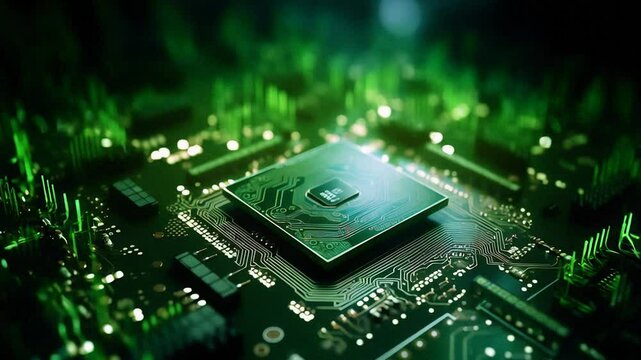 A high-tech circuit board featuring a glowing central microchip surrounded by intricate electronic pathways and green light effects.
