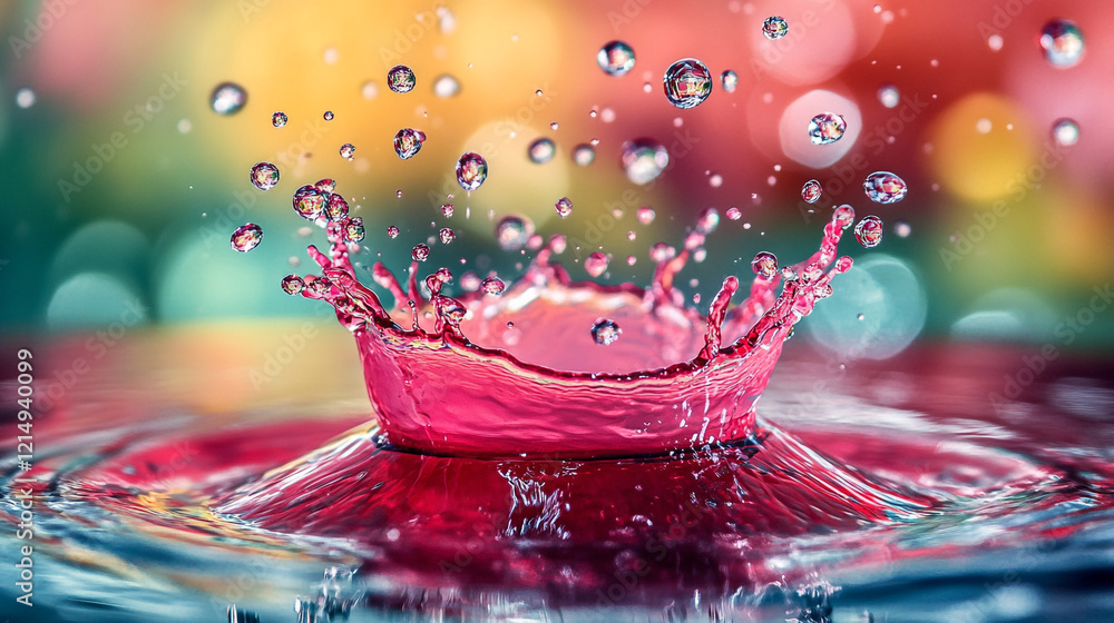 Poster vibrant water splash creating colorful droplets in a tranquil setting