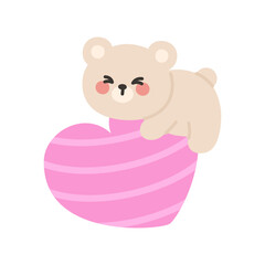 Fototapeta premium Bear Climbing on a Striped Pink Heart in Adorable Valentine Design