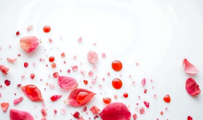 Fototapeta premium red rose petals on white, Delicate Pink Rose Petals ,Soft Focus, Pearls, Dreamy Pastel Romance 