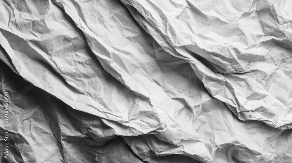 Poster crumpled white paper texture creating a dynamic pattern of folds and shadows in a minimalist style