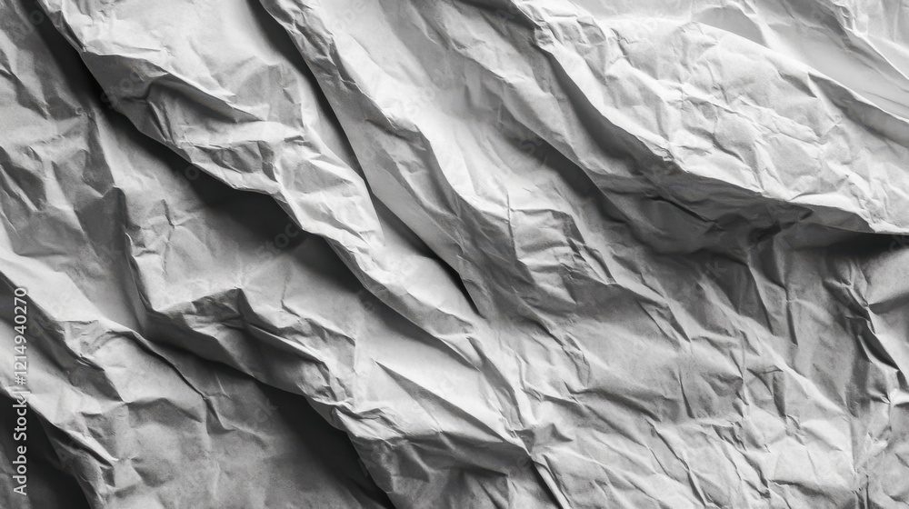 Poster crumpled white paper texture creating a dynamic pattern of folds and shadows in a minimalist style