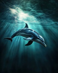 Naklejka premium A serene depiction of a dolphin swimming gracefully through azure waters, illuminated by shimmering light beams.