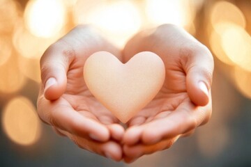 Obraz premium A close-up of two hands forming a heart shape against a glowing sunrise in the background