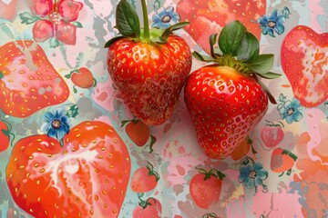 Fresh Strawberries on Vibrant Abstract Floral and Fruit Pattern Background. Close-up of ripe red berries centered on a colorful artistic textile surface, symbolizing summer, sweetness, and romance.