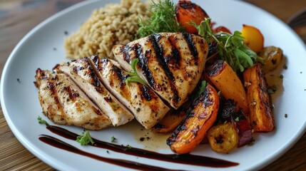 Grilled chicken and roasted vegetables restaurant dish photography indoor setting close-up culinary art
