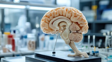 A detailed 3D model of the hippocampus is displayed in a research lab, illustrating its role in memory and brain function