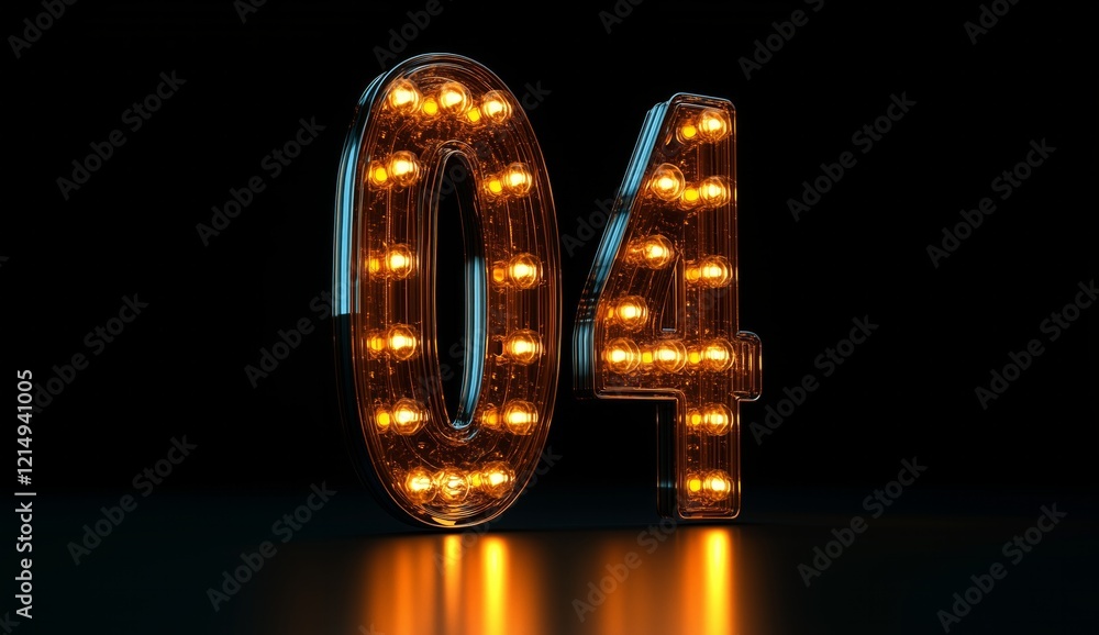 Poster glowing number 04: illuminated retro lightbulb number design