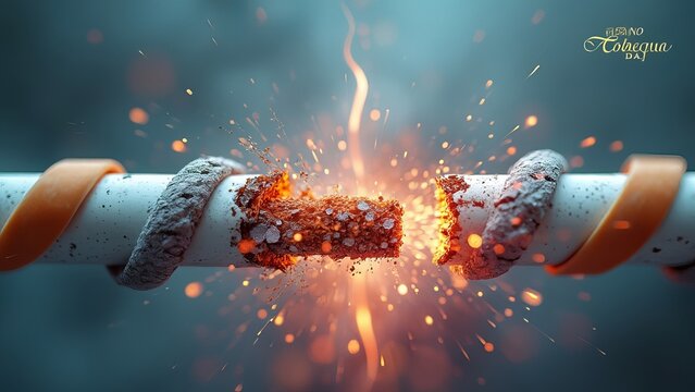 A chain of cigarettes breaking apart, with vibrant colors and light beams