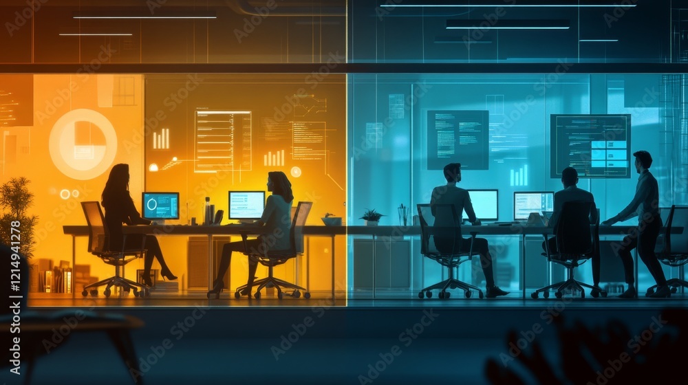 Poster modern office workspace with team collaboration and data analysis