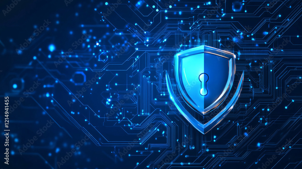 Poster a futuristic blue shield featuring a padlock in the center, highlighted by blue light and encircled 