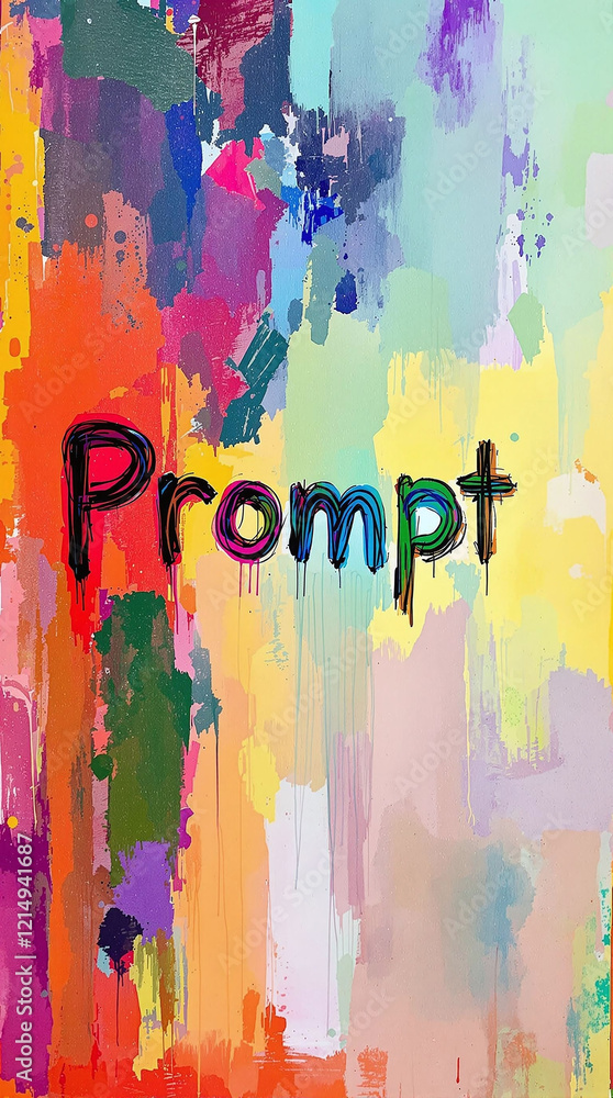 Poster an abstract painting featuring the word 'prompt' subtly embedded in vibrant brushstrokes.