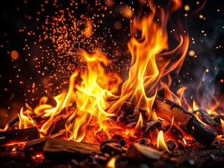 Fototapeta premium Fiery Embers and Flames on Black Background - Stock Photo