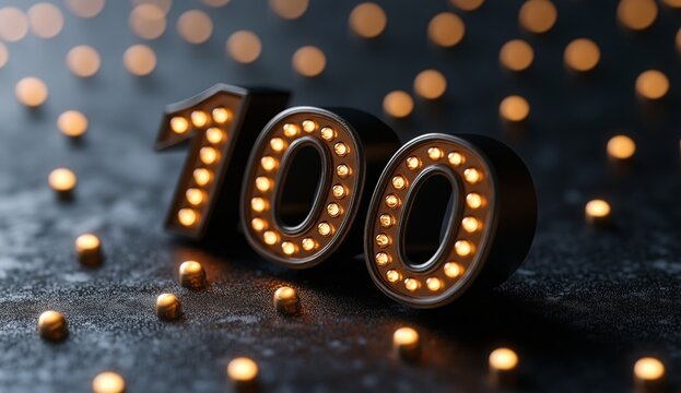 Illuminated Number 100 Celebration Milestone Achievement: Glowing Lights Digit Anniversary