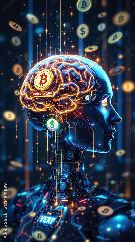 Poster a glowing robotic brain connected to digital pipelines that transfer streams of currency into a vaul