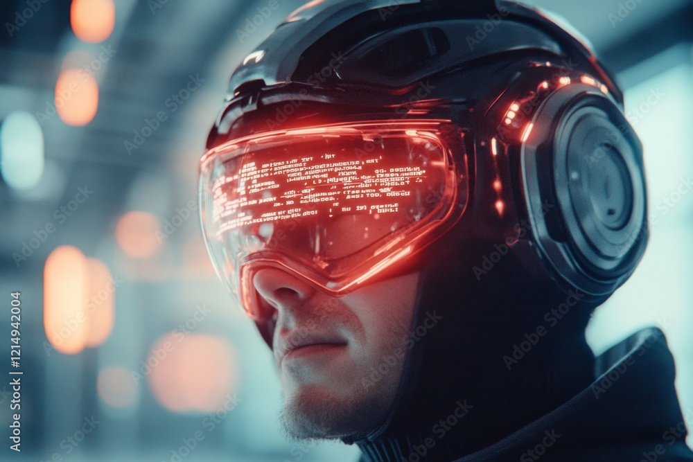Aufkleber A cyberpunk-inspired scene of a worried hacker staring at lines of red error code on multiple flickering holographic screens in a dimly lit room