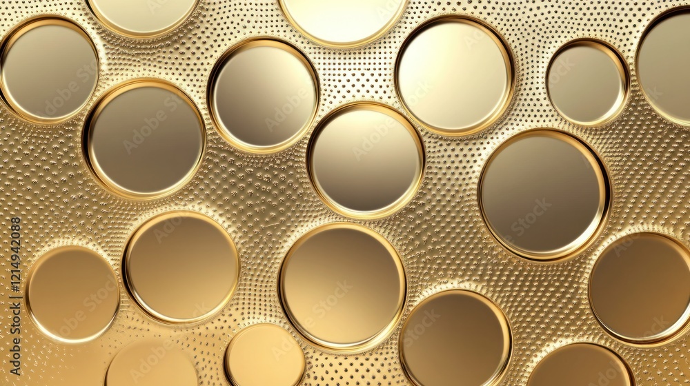 Poster smooth golden metallic background featuring delicate circular patterns and a glowing reflective shin