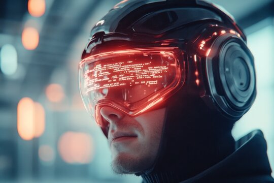 A cyberpunk-inspired scene of a worried hacker staring at lines of red error code on multiple flickering holographic screens in a dimly lit room