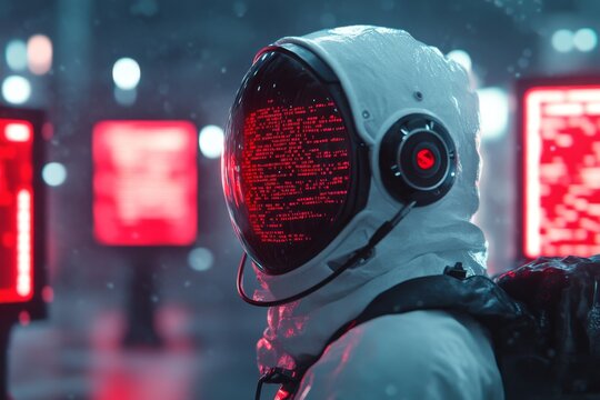 A cyberpunk-inspired scene of a worried hacker staring at lines of red error code on multiple flickering holographic screens in a dimly lit room