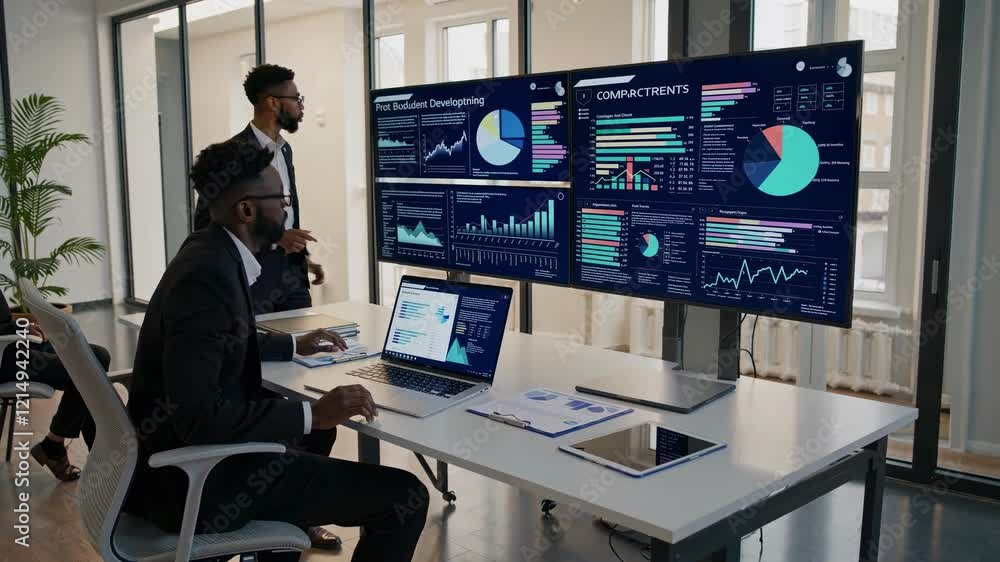Poster professional analyzing data and reports in a modern office setting