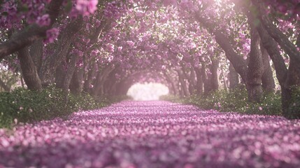 Naklejka premium Enchanting Orchard Canopy: Dreamy Purple Petal Carpet - Cinematic Ultra-Detailed Image