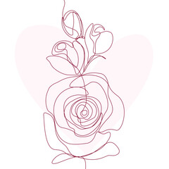Rose single line drawing with on pink background with love shape. One line minimalist style illustration for valentine.