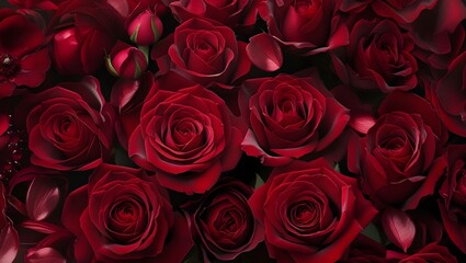 Fototapeta premium A close-up of vibrant red rose artfully scattered in an elegant, overlapping arrangement. The velvety textures and deep red tones,