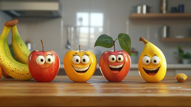 Cartoon fruits like apples and bananas with cheerful faces on a kitchen table.