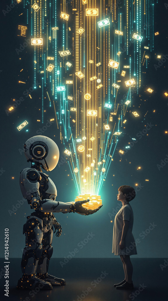 Poster a robot projecting streams of data that transform into glowing cash bundles, which are then handed o