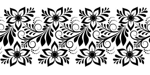black and white seamless pattern with flowers, swirls, leaves and dots on white isolated background, floral design element, decorative border © Lukeriya