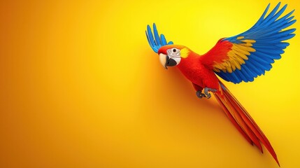 Vibrant Parrot Macaw MidFlight on Mustard Yellow Background Colorful Bird Photography Stock Photo