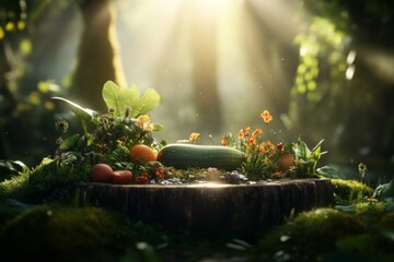 A detailed 3D illustration of a zucchini plant in a lush garden, showing the leaves, flowers, and growing zucchinis in realistic detail