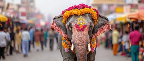 A decorated elephant stands proudly in a bustling street, adorned with flowers, showcasing the vibrant culture and festivities around it.