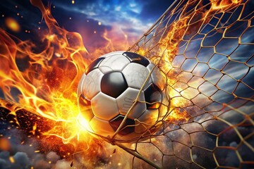 Fototapeta premium Fiery Soccer Ball Exploding Through Net: Dramatic Double Exposure Sports Stock Photo