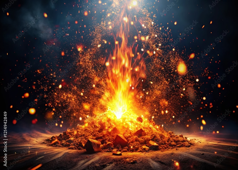 Poster fiery sparks exploding in night: 3d render of glowing embers and dynamic fire