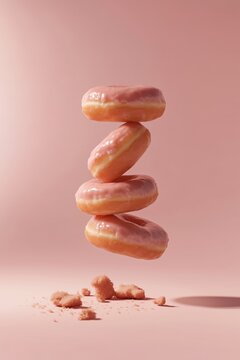 glazed pink donuts levitating mid air, balancing onto each other creating a tower