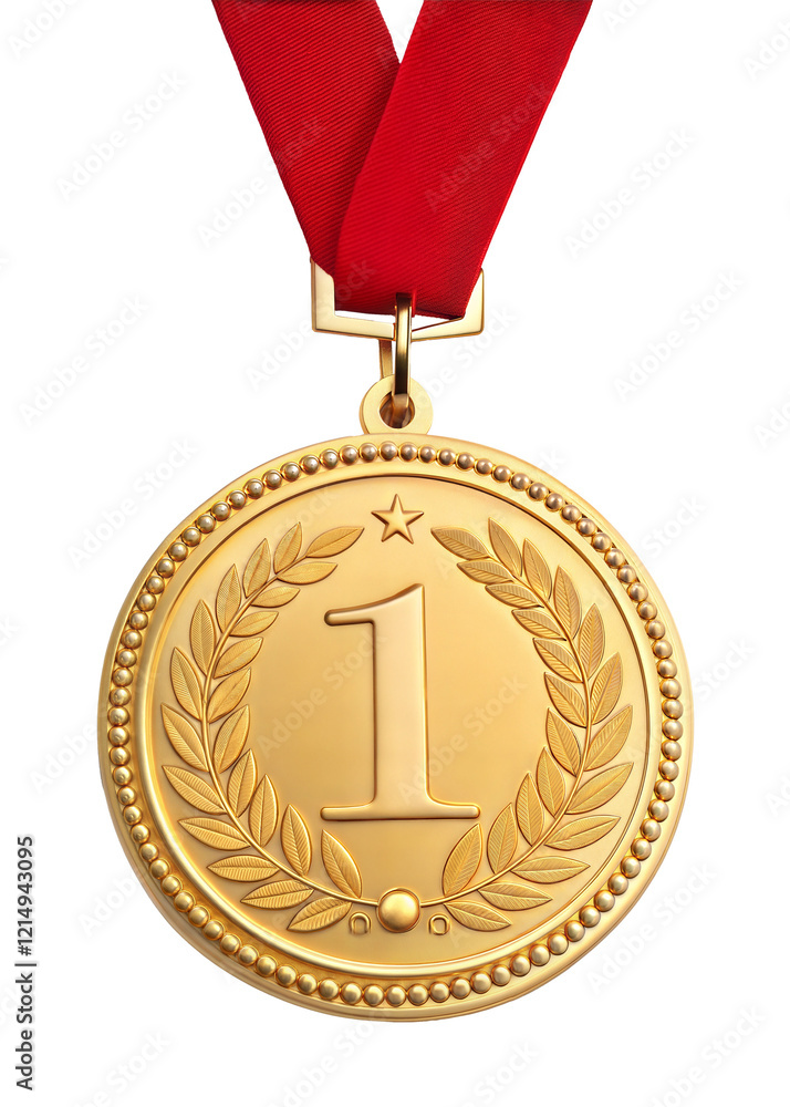 Poster gold medal for first prize winner with red ribbon, 1st. isolated on transparent background with a cl