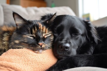 A dog and a cat cuddled together, peacefully napping on a warm, sunny windowsill
