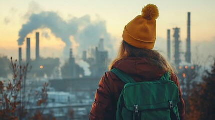 Obraz premium Person in beanie observing industrial smokestacks at sunset, air pollution and environmental impact highlight ecology and environmental pollution