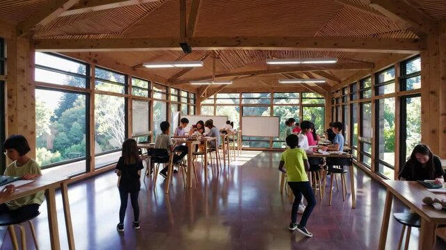 Design an eco-friendly educational facility in the heart of a rainforest, ensuring minimal environmental impact and maximal connection to nature