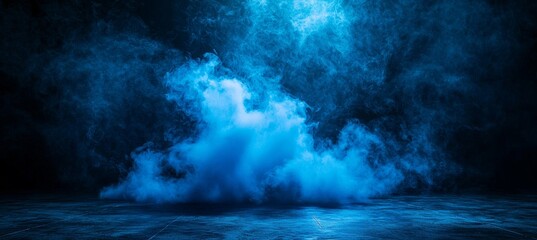 Fototapeta premium A dark stage with a red backdrop and neon lights sets the scene, featuring an empty, darkened area with spotlights and an asphalt floor, while smoke rises in the studio room, enhancing the display of