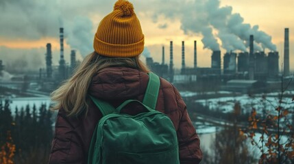 Woman with green backpack observing industrial smokestacks emitting pollution against orange sunset sky, concept of ecology and environmental pollution