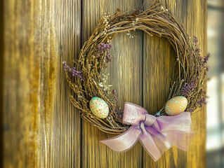 Easter wreath hanging on a rustic wooden wall. The wreath is decorated with pastel-colored eggs, green leaves, small white flowers, and a purple ribbon bow.