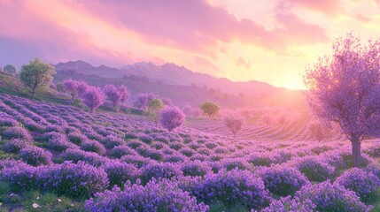 Fototapeta premium Serene Saffron and Mint Orchard at Sunset - Cinematic Farmland Landscape with Ultra-Detailed Rows on Sloping Field